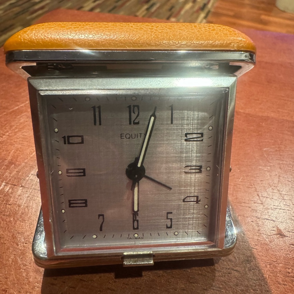 Vintage Equity Folding Travel Working Alarm Clock Glow Hands Brown Case Working